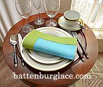 Multicolored Hemstitch Diner Napkin.Crystal Seas & Macaw Green.